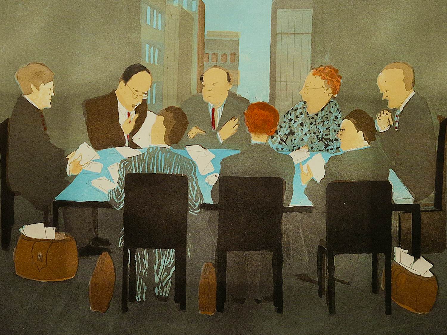 Willy Belinfante - grote Epreuve d'Artiste kleuren ets "vergadering" - met pers. opdracht gesign kopen? Bied vanaf 48!