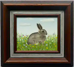 Mieke Hoogendorp - Naïeve schilderkunst , Ingelijst schilderijtje, Konijntje – 1984 verkocht voor € 40!