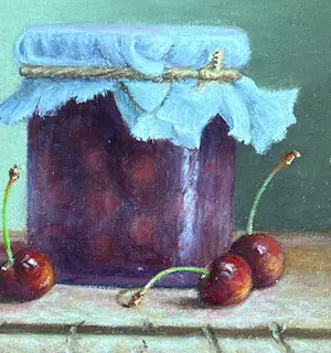 Hans Habraken - Schilderij stilleven kersen in een weckpot en kersen op tafel. kopen? Bied vanaf 195!