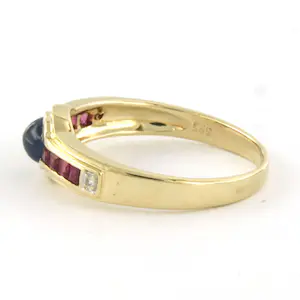 14k geel gouden ring bezet met robijn en saffier en diamant - ringmaat 17.5(55) kopen? Bied vanaf 145!