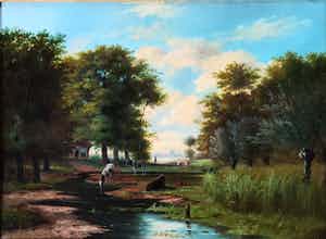 Marinus Adrianus Koekkoek - Landschap met koeien en hengelaar bij een beek verkocht voor € 850!