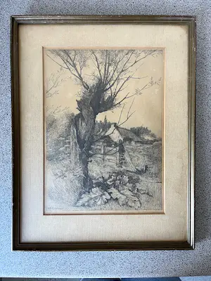 Adrianus Johannes Grootens - Wilg bij boerderij - Lithografie, Ingelijst kopen? Bied vanaf 40!