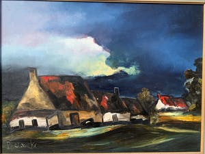 Paul Permeke - Olieverf schilderij: boerderij en dreigend onweer kopen? Bied vanaf 350!