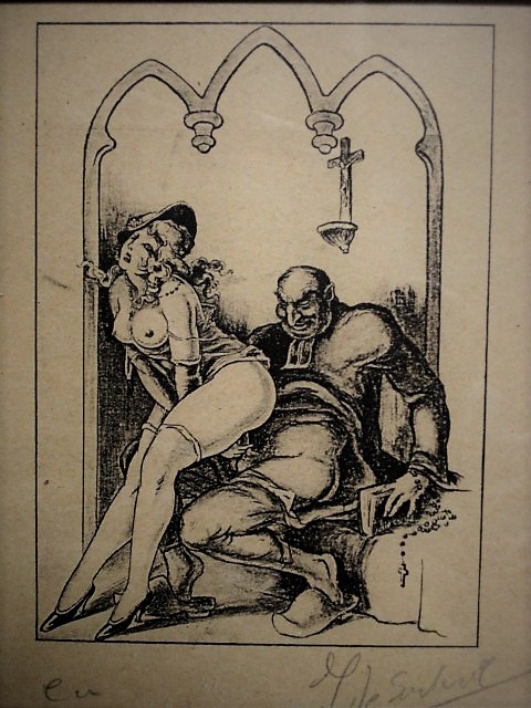 Niet of onleesbaar gesigneerd - Antieke Franse erotische Ets "de Priester en de Dame" gesigneerd  kopen? Bied vanaf 1!