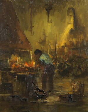 Niet of onleesbaar gesigneerd - Olieverf op doek, Werkplaats - Ingelijst kopen? Bied vanaf 1!