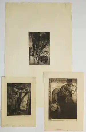 Frank Brangwyn - 1. De leerbewerkers 2. Verhuizers 3. Strand on the Green verkocht voor € 70!