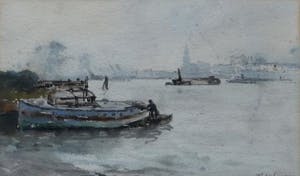 David Schulman - aquarel. bootjes aan rivierkade kopen? Bied vanaf 10!