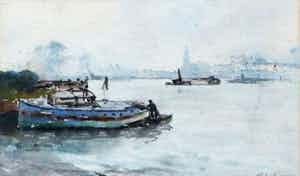 David Schulman - aquarel. bootjes aan rivierkade verkocht voor € 10!