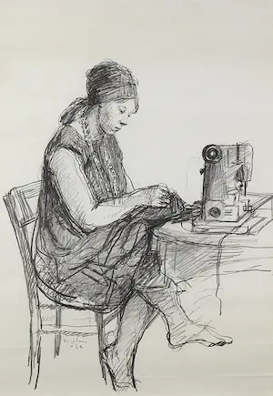 Aat Veldhoen - Rotaprent, Naaister aan tafel - Ingelijst kopen? Bied vanaf 50!