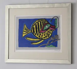 AcheterCorneille - Poisson Surrealiste sur Bleu - E.A - 1999 - Handgesigneerd? Enchérissez de 530!