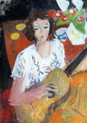 Rene Mels - Frau mit Gitarre – Großes und wunderschönes ausdrucksstarkes Gemälde kopen? Bied vanaf 800!