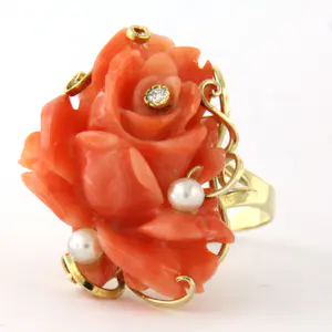14k geel gouden ring met koraal, parels en briljant geslepen diamant tot. 0.05ct kopen? Bied vanaf 635!