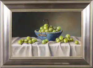 Annelies Jonkhart - Olieverf op paneel, Blauwe schaal met druiven - Ingelijst verkauft für € 380!