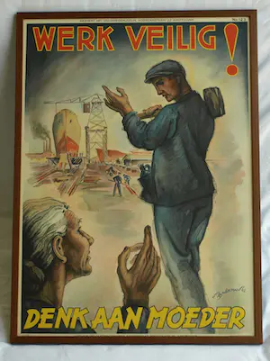 Hans Bolleman - Ingelijst affiche , Werk veilig! Denk aan moeder - 1942 kopen? Bied vanaf 100!