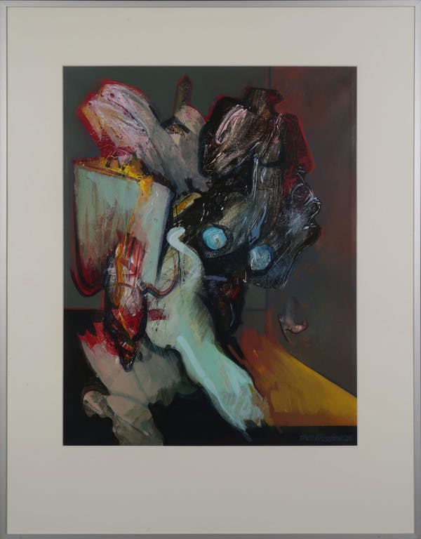 Theo Bruggink - Theo Bruggink: Olieverf op papier, Geclusterde val - Ingelijst verkocht voor € 40!