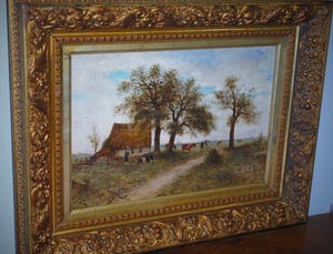 Jan Herman Coster - groot, prachtig ingelijst 19e eeuws schilderij - koeien in het landschap kopen? Bied vanaf 195!