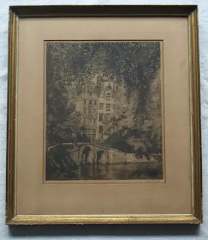 Willem Gerard Hofker - Ingelijste ets , Stadsgezicht Amsterdam - 1928 kopen? Bied vanaf 50!