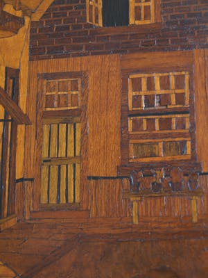 Curiosa - Houtsnijwerk / mozaïek , Stadsgezicht – ingelijst - oud kopen? Bied vanaf 1!