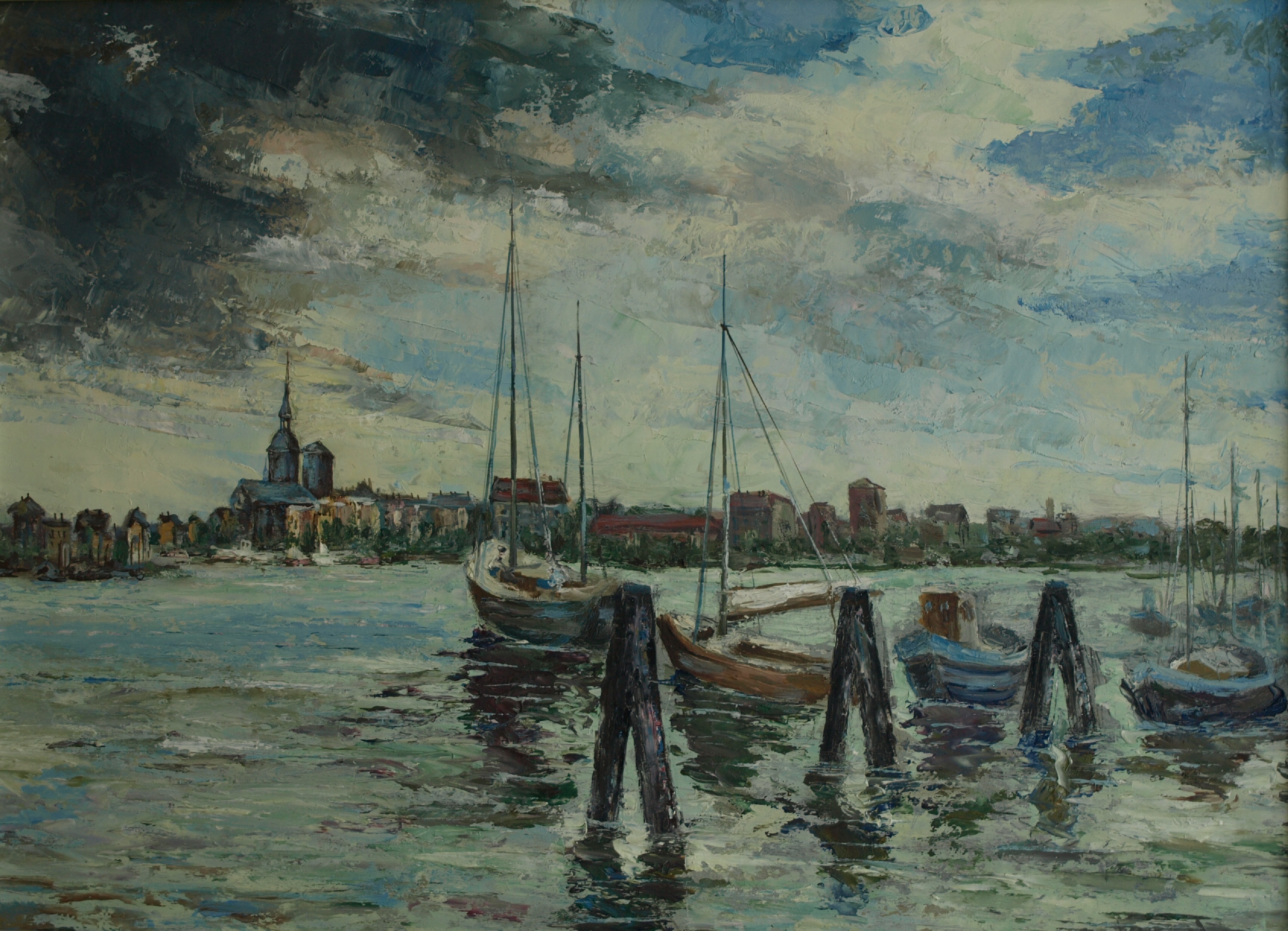 Niet of onleesbaar gesigneerd - Olieverf op board – Havengezicht – gesigneerd & ingelijst kopen? Bied vanaf 1!