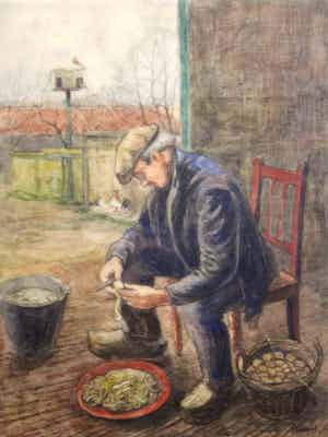 Frits Maris - Gemengde techniek - "Boer schilt aardappels" verkocht voor € 195!