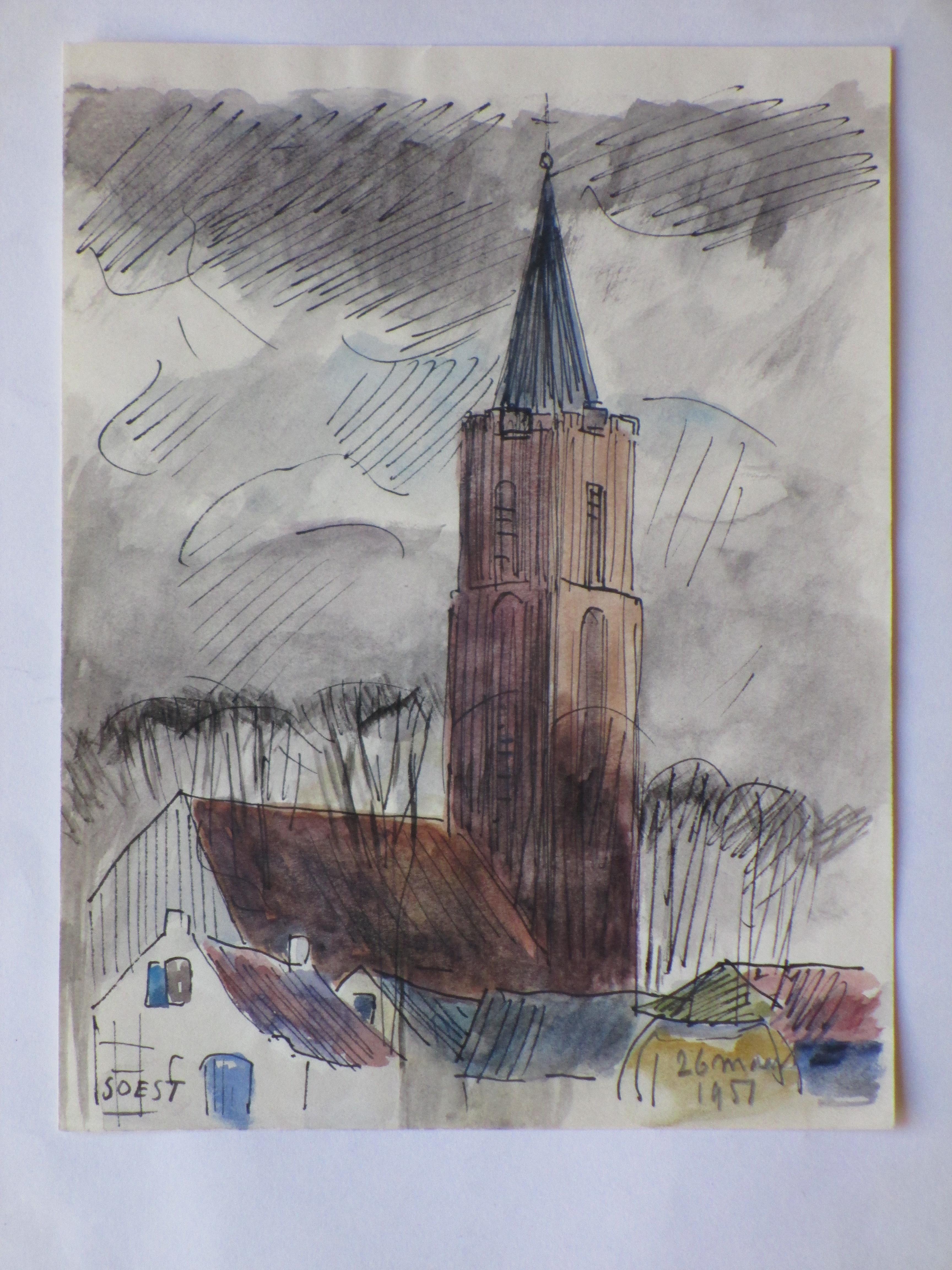 Han Krug - Kerk te Soest - Kleurtekening kopen? Bied vanaf 1!
