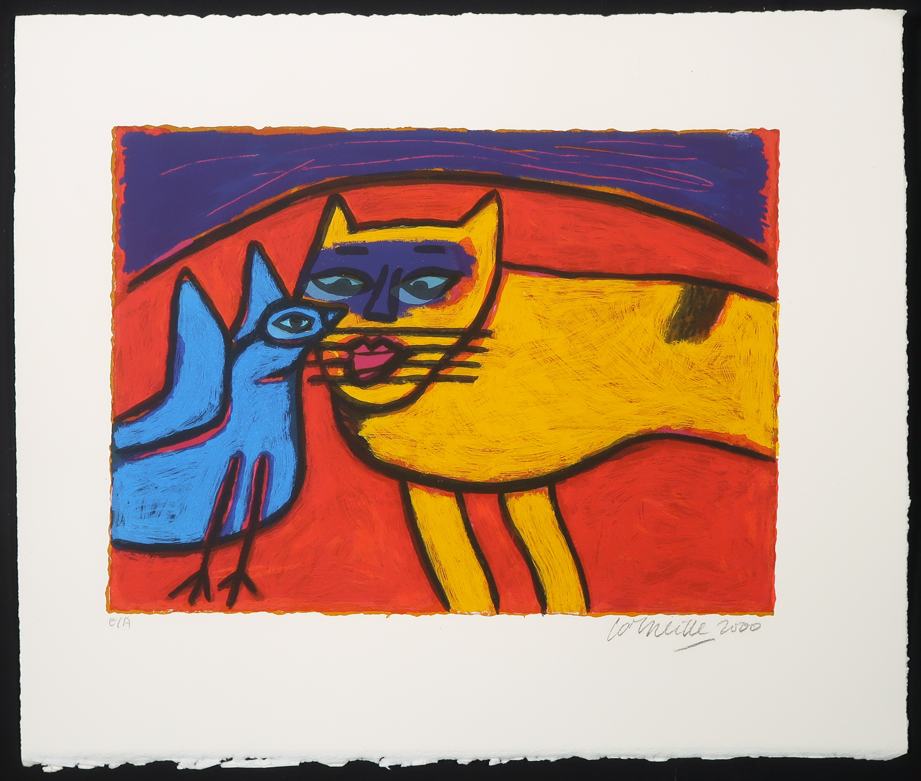 Corneille - Zeefdruk, Oiseau bleu avec chat jaune kopen? Bied vanaf 80!