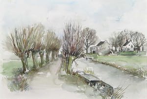 Coraline Backer - Aquarel, Dorpsgezicht - Ingelijst kopen? Bied vanaf 1!