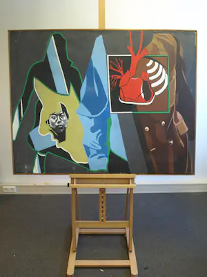 Robert Hallatu - Olieverf op doek , Molukse symboliek (?) met zelfportret – Lijst, 103 x 133 cm. kopen? Bied vanaf 250!
