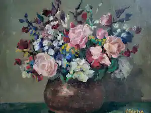 Adam Potgieter - Bloemstuk in koperen pot. verkauft für € 125!