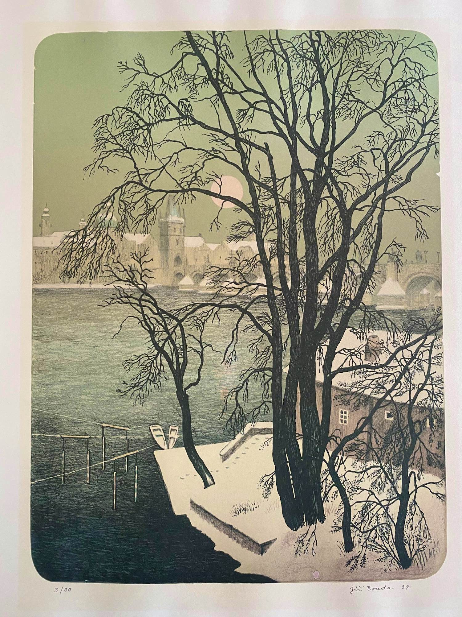 Jiri Bouda - Kleurenlitho Karelsbrug over de Moldau kopen? Bied vanaf 30!