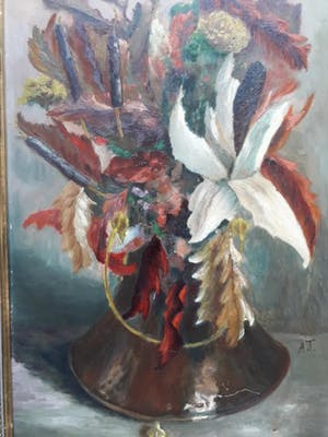 Niet of onleesbaar gesigneerd - Bloemstilleven in koperen kolenkit. kopen? Bied vanaf 10!