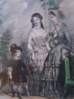 Jules David - Twee vrouwen en een kind met hond onder een pergola. kopen? Bied vanaf 25!