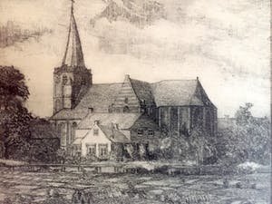 Wim van den Anker - Kerk te DRIEL - Ets, Ingelijst kopen? Bied vanaf 30!