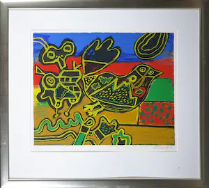 Corneille - Zeefdruk, Figuur en vogel in landschap - Ingelijst kaufen? Bieten Sie von 200!