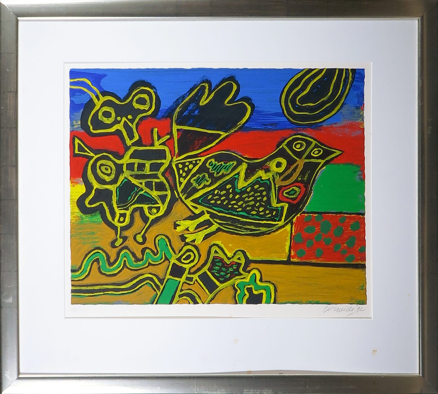 Corneille - Zeefdruk, Figuur en vogel in landschap - Ingelijst kopen? Bied vanaf 200!