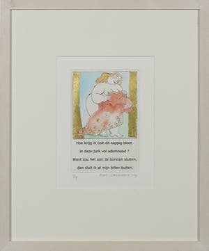 Ada Breedveld - Handgekleurde ets, Hoe krijg ik ooit dit sappig bloot in deze jurk vol ademnood? kopen? Bied vanaf 50!