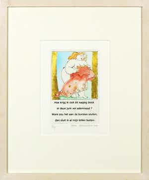 Ada Breedveld - Handgekleurde ets, Hoe krijg ik ooit dit sappig bloot in deze jurk vol ademnood? verkocht voor € 50!