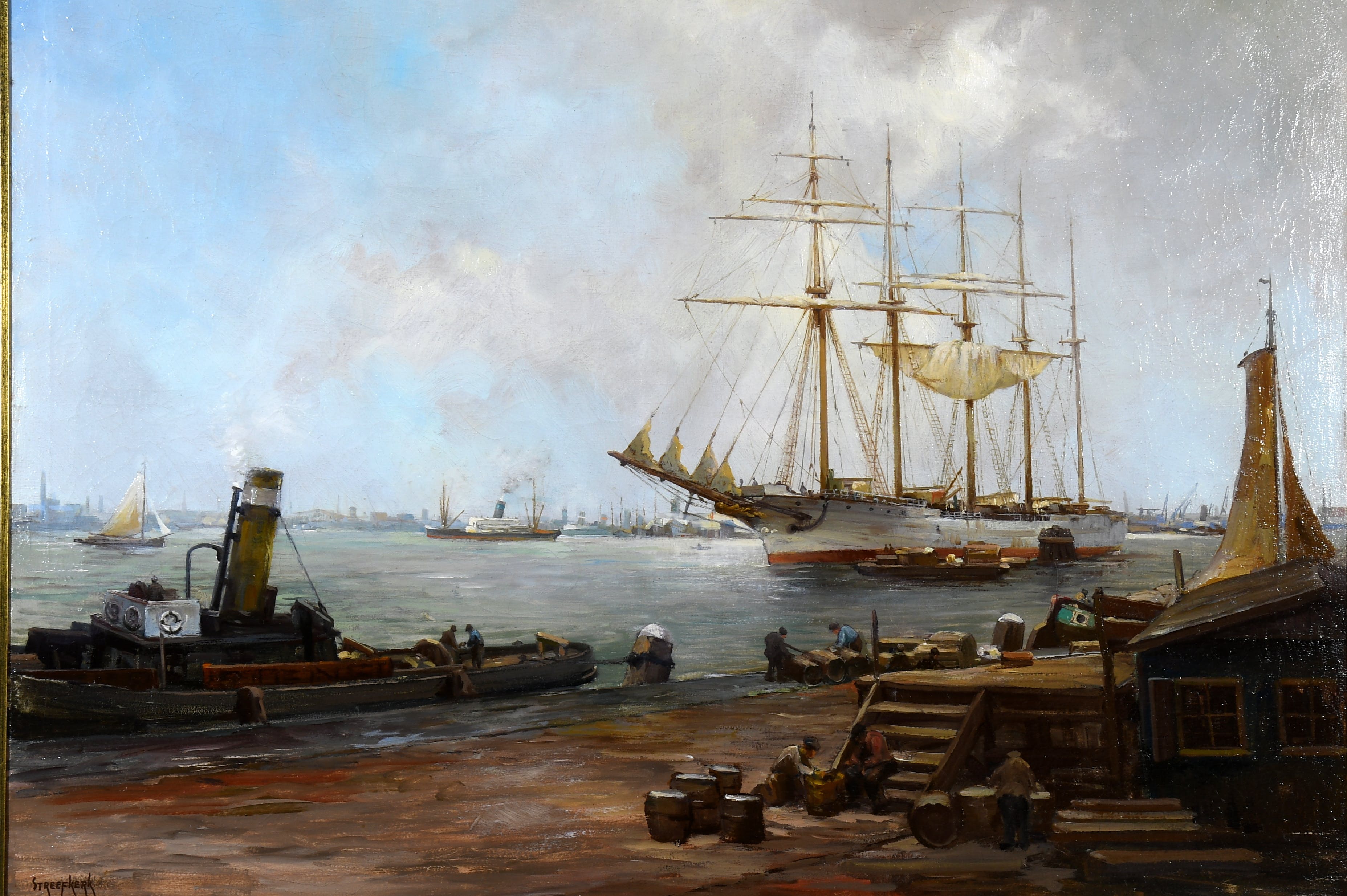 Carl August Streefkerk - Havengezicht - 't IJ - Amsterdam - Olieverf op doek - Gesigneerd l.o. kopen? Bied vanaf 250!