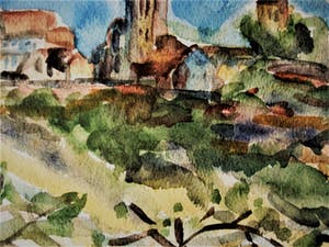 Niet of onleesbaar gesigneerd - Fraai impressionistisch Aquarel "Boomgaard bij dorp" gesign Vesely kopen? Bied vanaf 10!