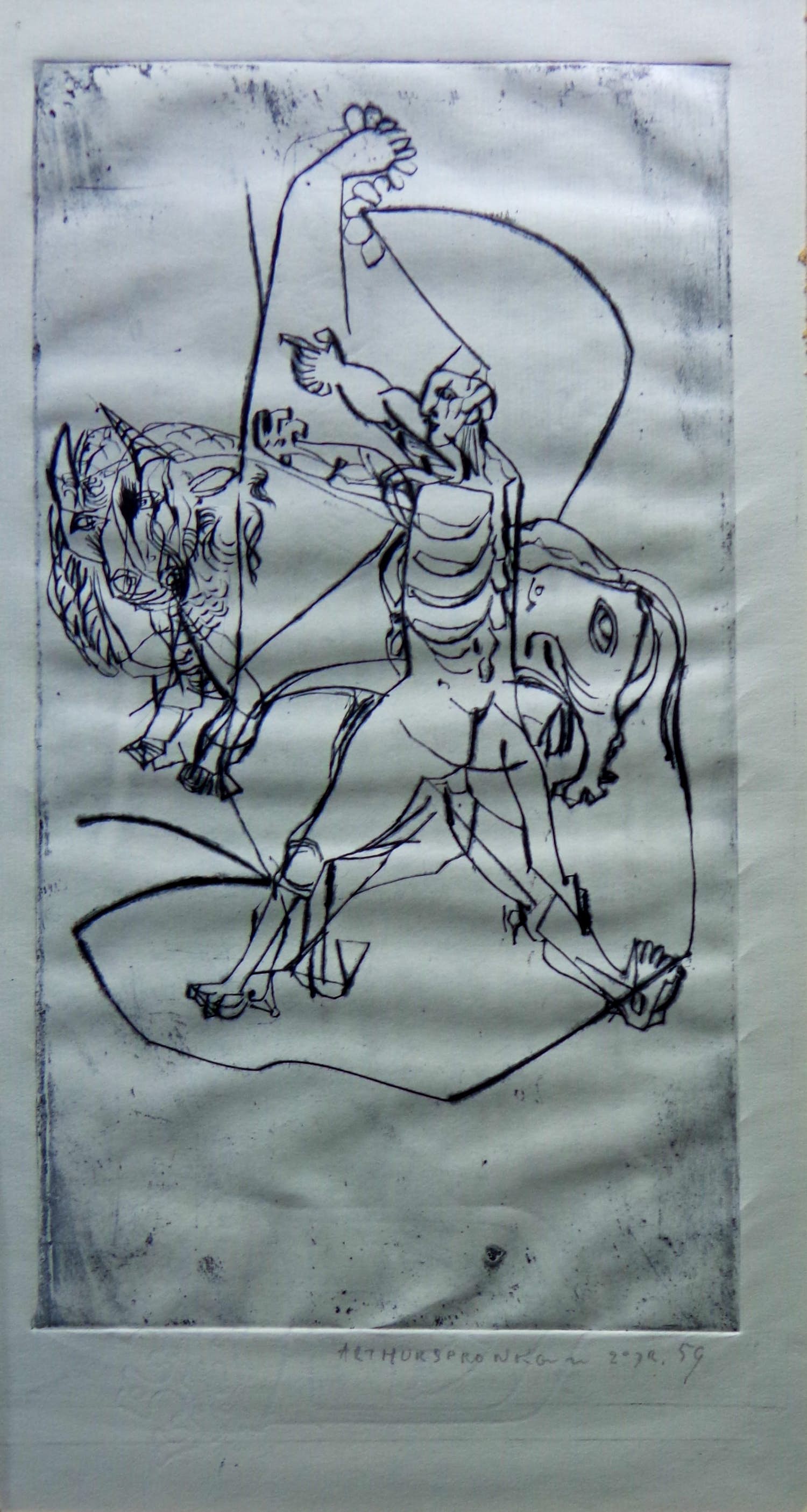 Arthur Spronken - FIGURATIE / ZW-W ETS / 43x32cm / SIG / PASSE-PARTOUT verkocht voor € 75!