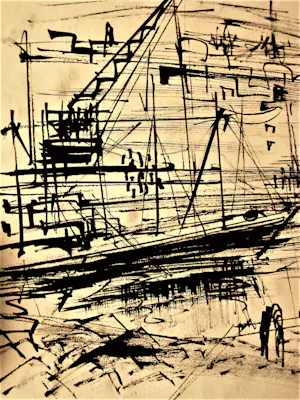 Ria Exel - Nieuwe Haagse School - Zwarte Inkt tekening - "Scheveningen vissersboten haven" kopen? Bied vanaf 37!