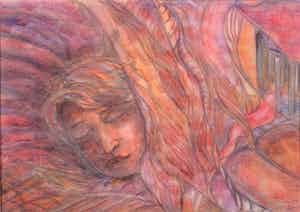 Franca Muller Jabusch - Gemengde techniek op textiel o.a. krijt en aquarel, Slapende vrouw verkocht voor € 35!