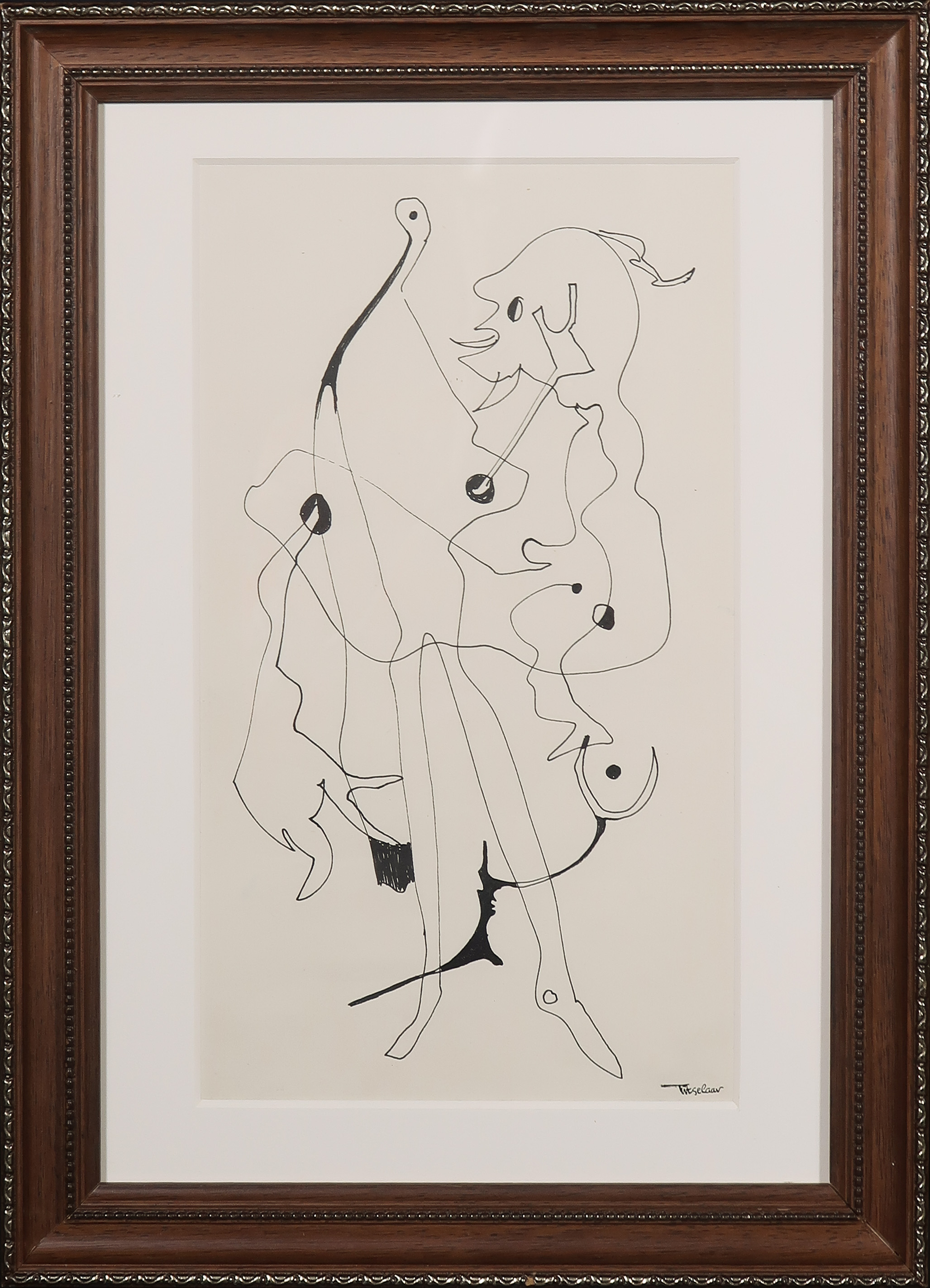 Henri Titselaar - Pentekening, Z.T. Figuur + boek - Ingelijst verkocht voor € 40!