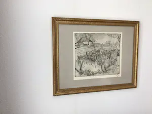 Jan Altink - Ets "Boer werkend in de tuin" - Perfect ingelijst - Atelierstempel - De Ploeg kopen? Bied vanaf 150!