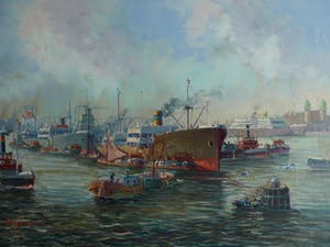 Niet of onleesbaar gesigneerd - Olieverf op doek , Havengezicht, Rotterdam? – ingelijst & gesigneerd kopen? Bied vanaf 1!