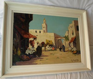 Niet of onleesbaar gesigneerd - Olieverf op doek , Oriëntaalse voorstelling – ingelijst & gesigneerd – ca 1950? kopen? Bied vanaf 1!