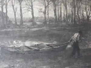 Jozef Israëls - Man met schuit. Groot. Ets Graadt van Roggen. kopen? Bied vanaf 110!