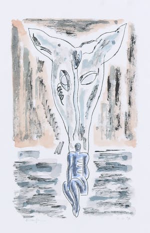 Arie van Geest - Aquarel en potlood, Dierenkop met figuur kopen? Bied vanaf 1!