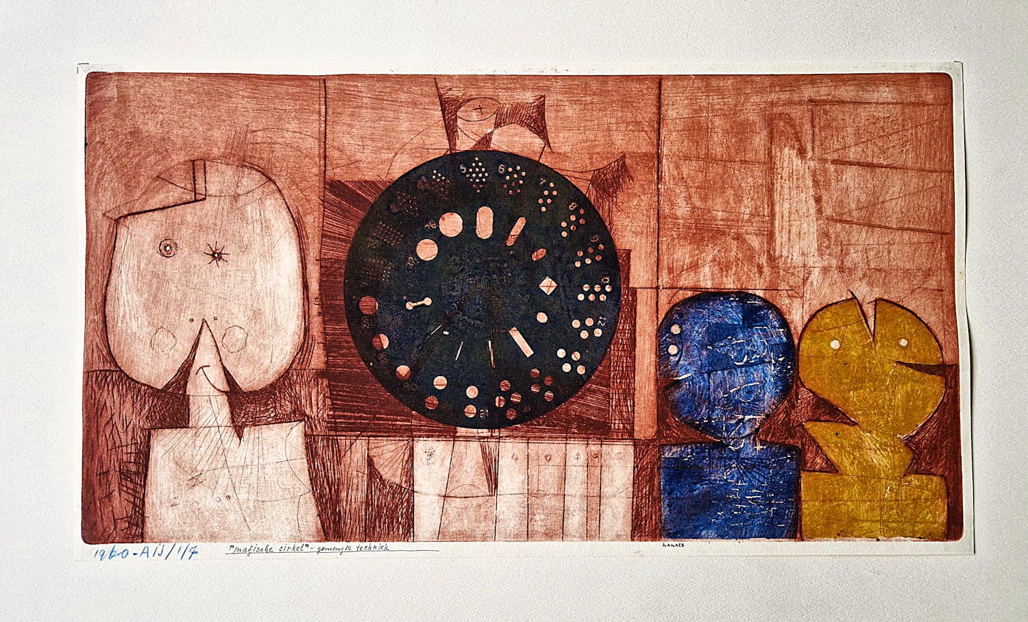 Hannes Postma - Zeldzame 1960 gemengde techniek (o.a. ecoline) "Magische Cirkel" gesigneerd kopen? Bied vanaf 78!