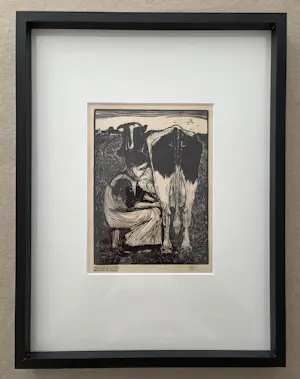 Jan Mankes - Melkster. Ingelijst. Houtsnede. kopen? Bied vanaf 179!